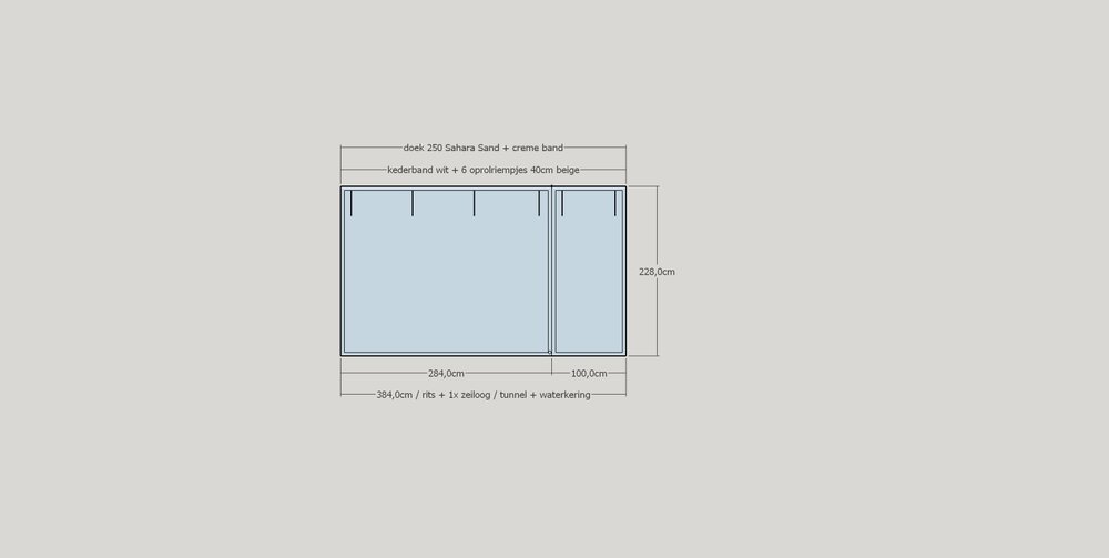 Verandadoek B384cm x hoog 228cm met rail, pees en tenaxen
