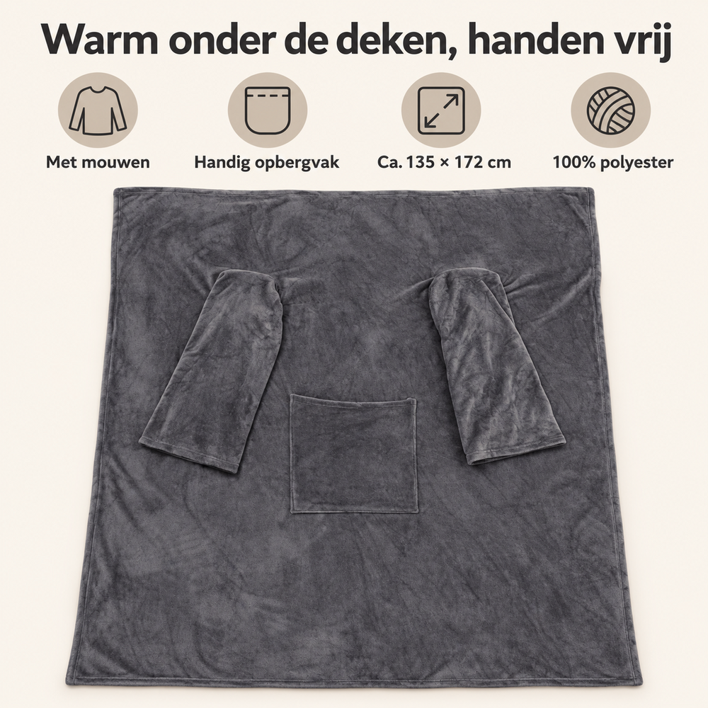 Deken met mouwen en vak voor kruik &ndash; grijs &ndash; 135 &times; 172 cm