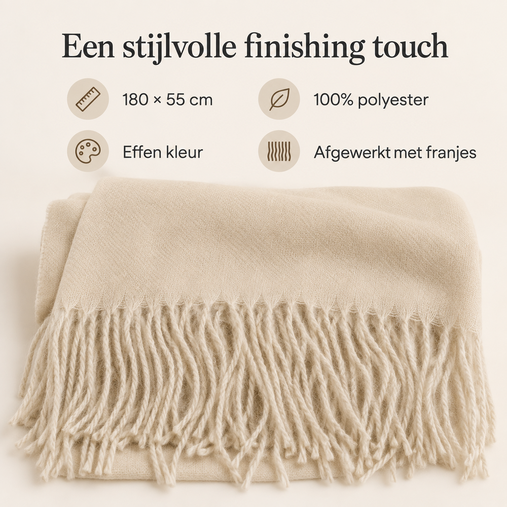 Dames sjaal met franjes &ndash; 180 &times; 55 cm &ndash; ecru/beige