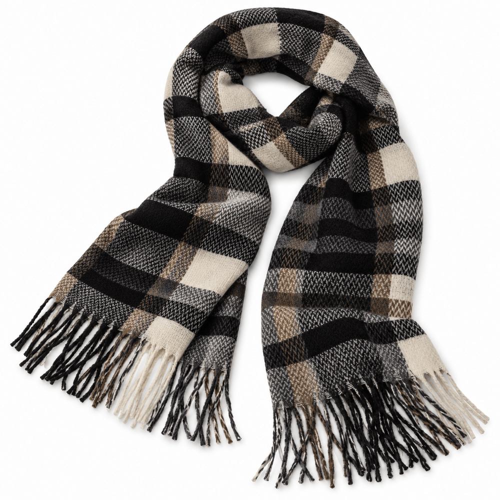 Geruite dames sjaal met franjes &ndash; 180 &times; 70 cm &ndash; zwart ecru