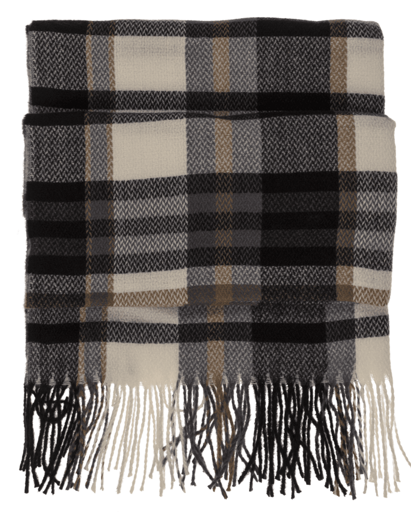 Geruite dames sjaal met franjes &ndash; 180 &times; 70 cm &ndash; zwart ecru