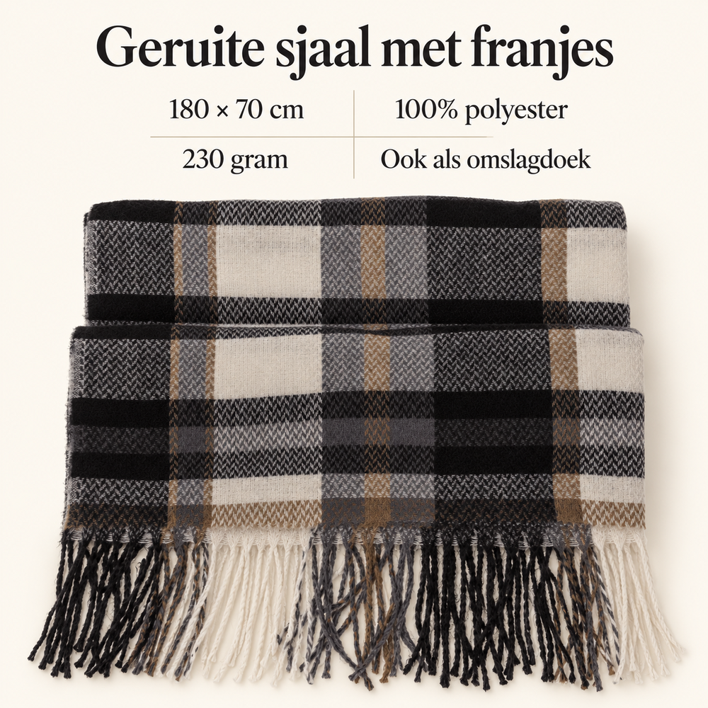 Geruite dames sjaal met franjes &ndash; 180 &times; 70 cm &ndash; zwart ecru