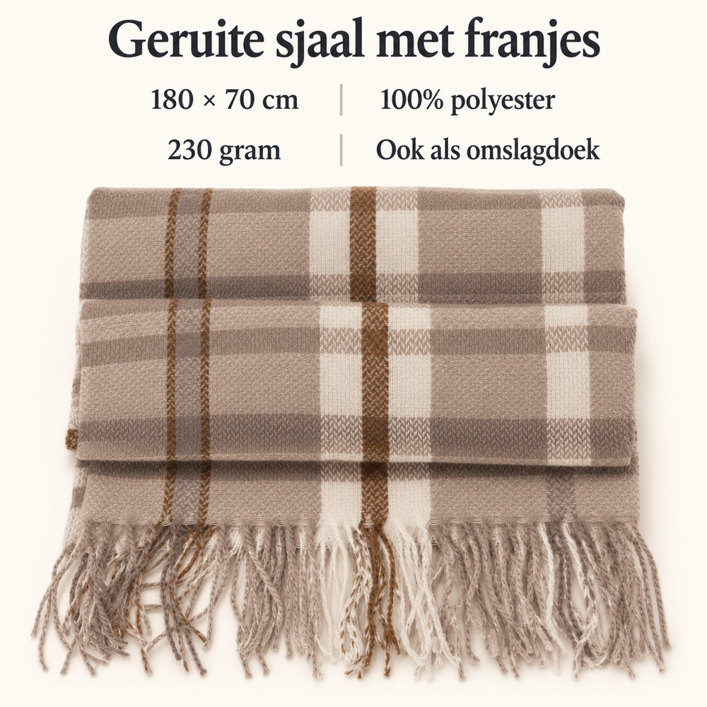 Geruite dames sjaal met franjes &ndash; 180 &times; 70 cm &ndash; ecru lichtbruin 
