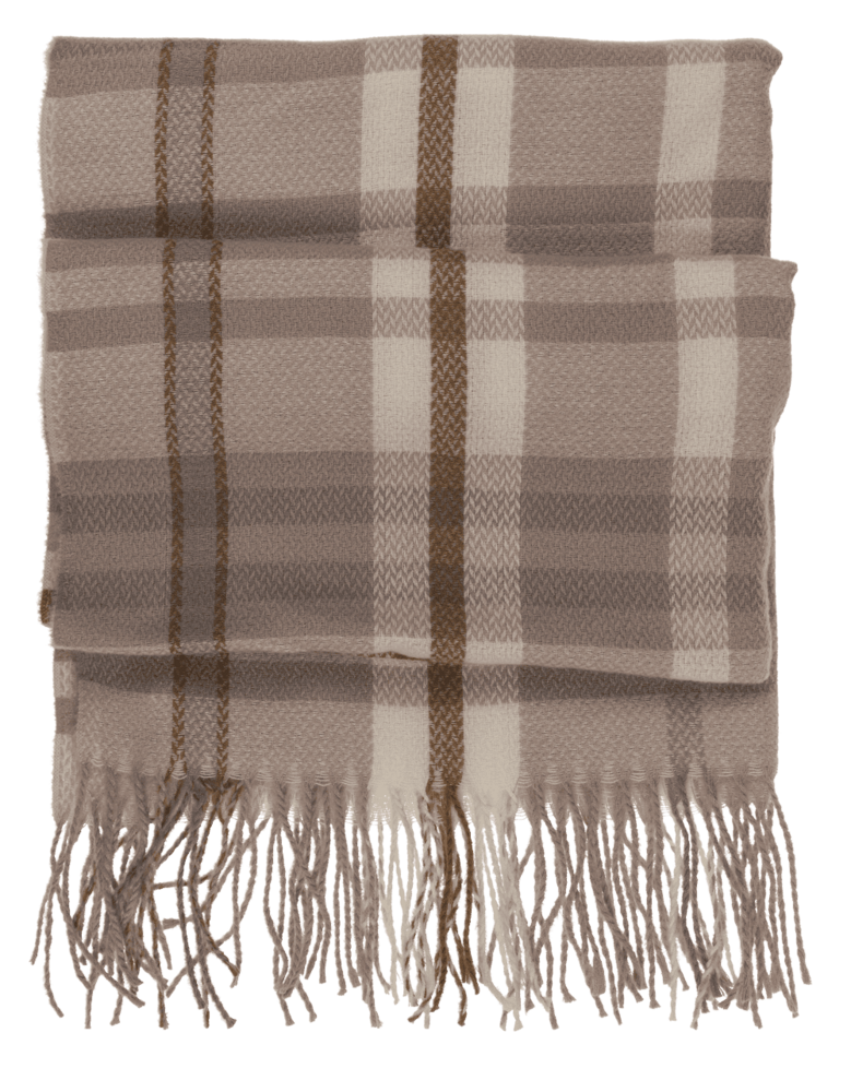 Geruite dames sjaal met franjes &ndash; 180 &times; 70 cm &ndash; ecru lichtbruin 