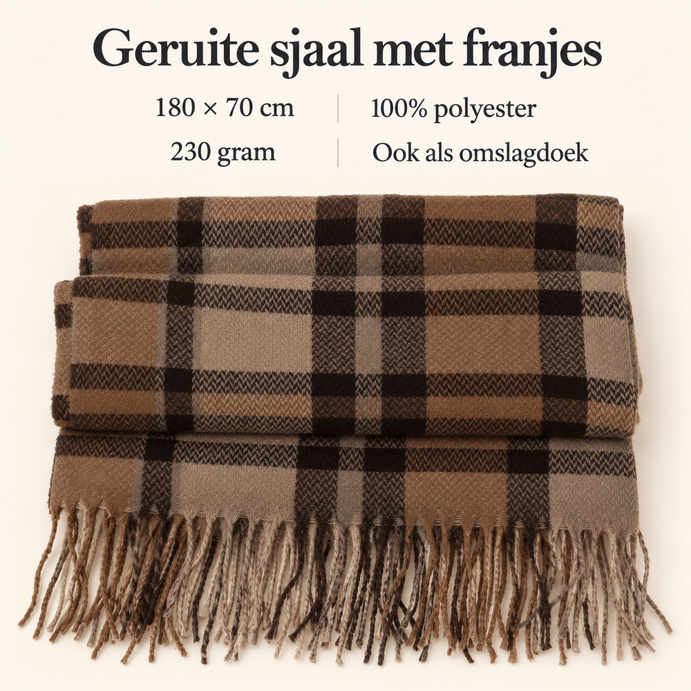 Geruite dames sjaal met franjes &ndash; 180 &times; 70 cm &ndash; bruin lichtbruin