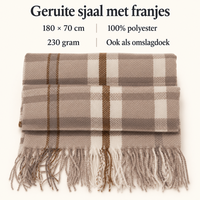 Geruite dames sjaal met franjes &ndash; 180 &times; 70 cm &ndash; ecru lichtbruin 