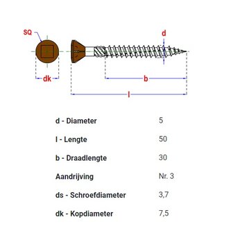 Vlonderschroef | bruin | 5x50mm | RVS AISI 410 | Tx 25 | 200 stuks 