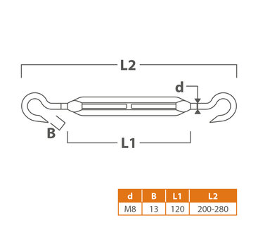 Spanners RVS Haak/Haak M8x120 mm.