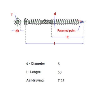 HAPAX hardhoutschroeven | 5x50mm | RVS AISI 304 | Tx 25 | 200 stuks 