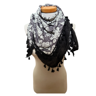 Sjaal 150 cm &ndash; driehoek -twee lagen (zwart wit bewerkt &amp; zwart effen)