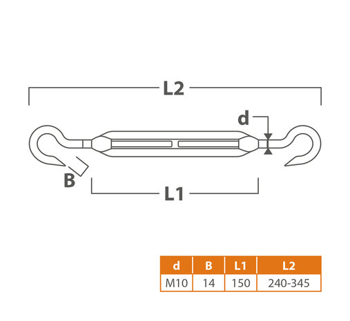 Spanners RVS Haak/Haak M10x155 mm.