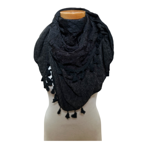 Twee-laagse sjaal 150 cm – zwart bewerkt en antraciet effen, bovenaanzicht