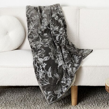  Plaid | fluweel | met sherpa | donkergrijs met wit | plant motief | 150cm x 120cm cadeau | winter