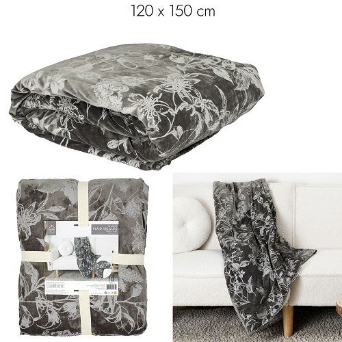  Plaid | fluweel | met sherpa | donkergrijs met wit | plant motief | 150cm x 120cm cadeau | winter