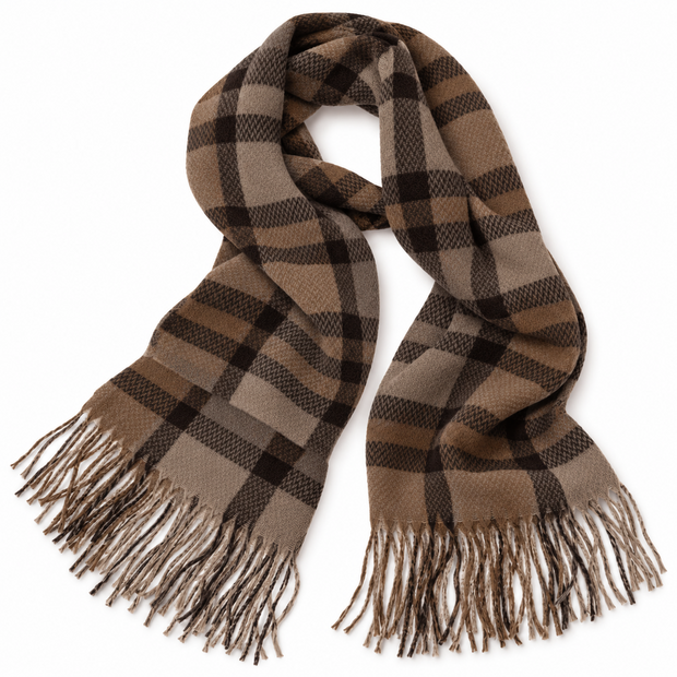 Geruite dames sjaal met franjes &ndash; 180 &times; 70 cm &ndash; bruin lichtbruin